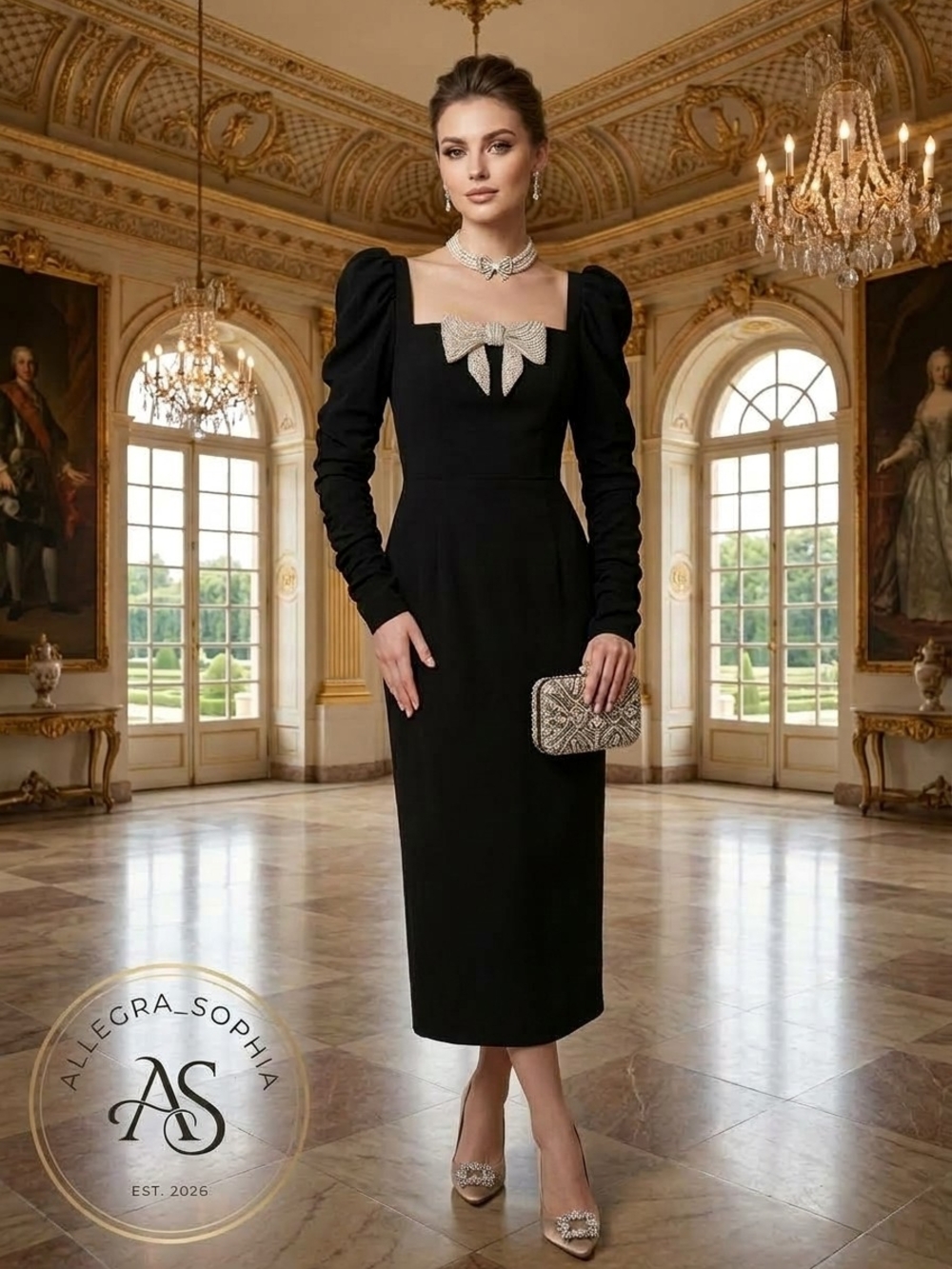 Black Bow-Accent Midi Dress